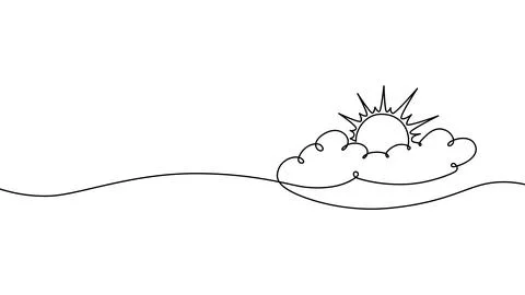 Continuous one line cloud sun art sky weather illustration outline. Sun cloud Stock Illustration