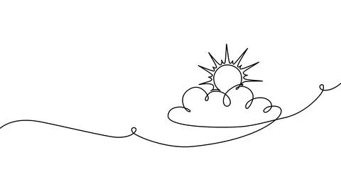 Continuous one line cloud sun art sky weather illustration outline. Sun cloud Stock Illustration