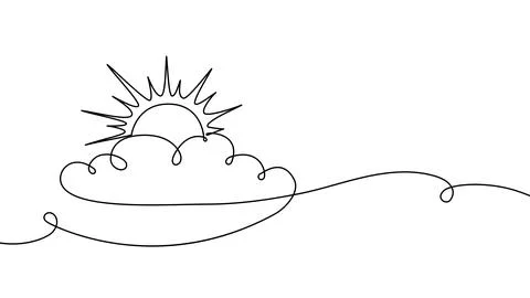 Continuous one line cloud sun art sky weather illustration outline. Sun cloud Stock Illustration