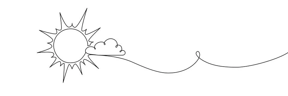 Continuous one line cloud sun art sky weather illustration outline. Sun cloud Stock Illustration