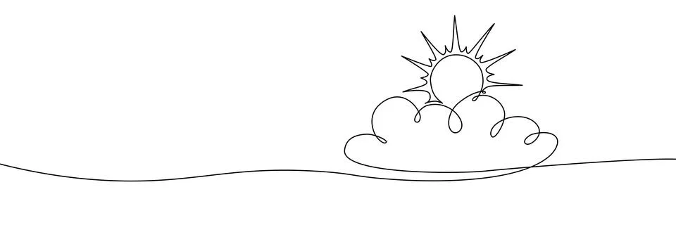 Continuous one line cloud sun art sky weather illustration outline. Sun cloud Stock Illustration