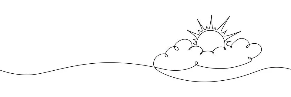 Continuous one line cloud sun art sky weather illustration outline. Sun cloud Stock Illustration