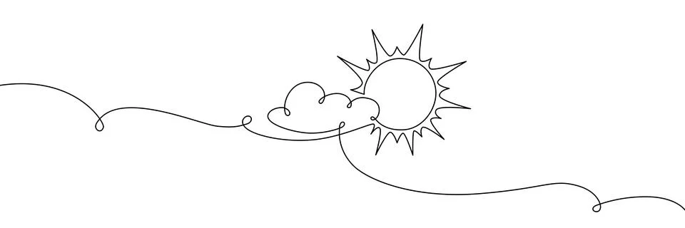Continuous one line cloud sun art sky weather illustration outline. Sun cloud Stock Illustration
