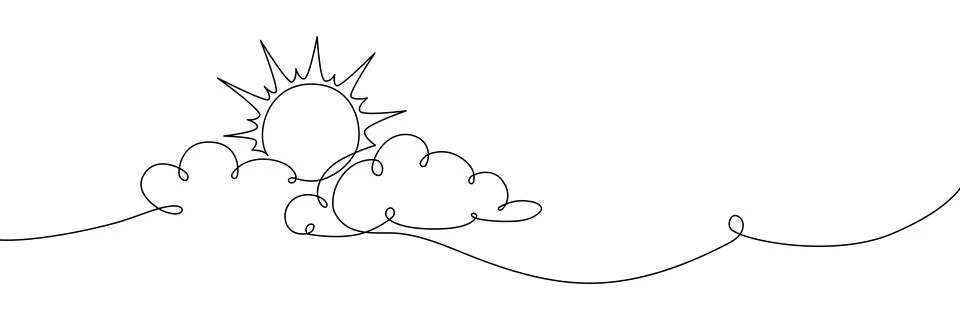 Continuous one line cloud sun art sky weather illustration outline. Sun cloud Stock Illustration