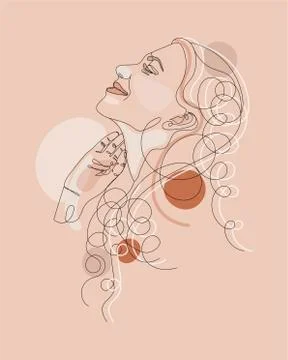 Continuous one line drawing. Abstract portrait of pretty young woman with Stock Illustration