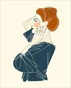 Continuous one line drawing. Abstract portrait of pretty young woman with Stock Illustration