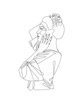 Continuous one line drawing. Abstract portrait of pretty young woman with Stock Illustration