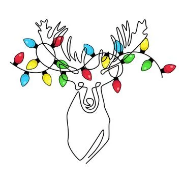 Continuous one line drawing abstract deer head with a garland on horns. Modern Stock Illustration