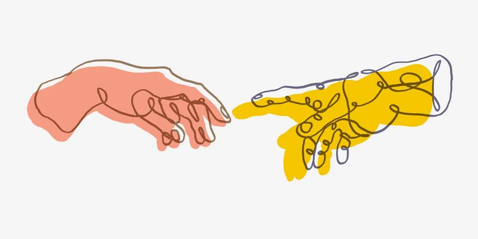 Continuous one line drawing. Adam and God hands. Linear style vector 스톡 일러스트