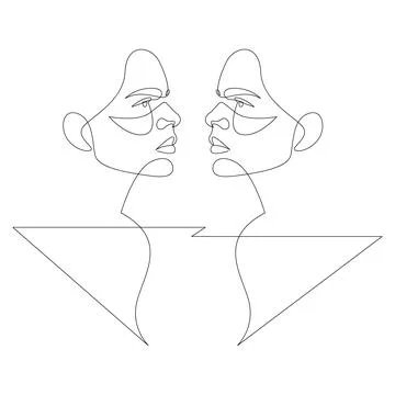 Continuous one line drawing angry woman against her own reflection. Inner Stock Illustration