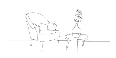 Continuous one line drawing of armchair and table with vase with plant Stock Illustration