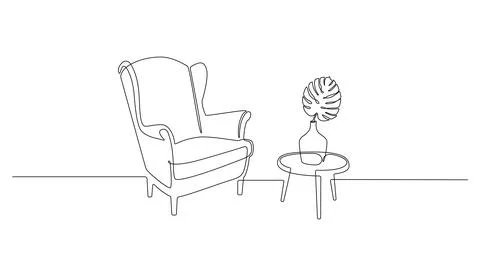 Continuous one line drawing of armchair and table with vase with monstera leaf Stock Illustration
