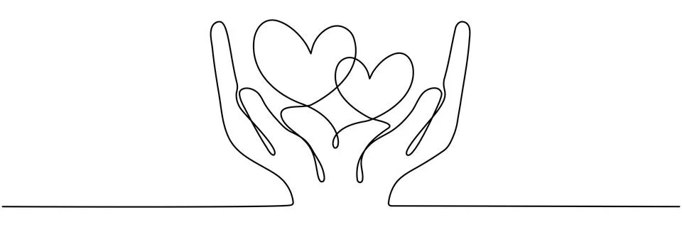 Continuous one line drawing arms holding two hearts. Stock Illustration