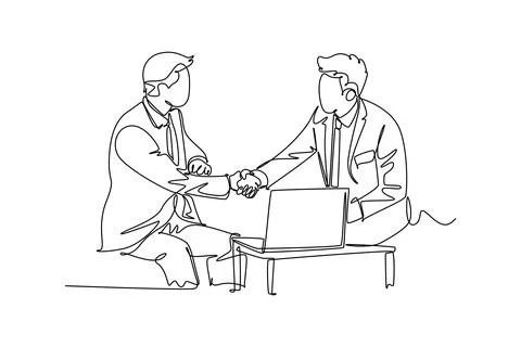 Continuous one line drawing of attractive business men handshake his partne.. Stock Illustration