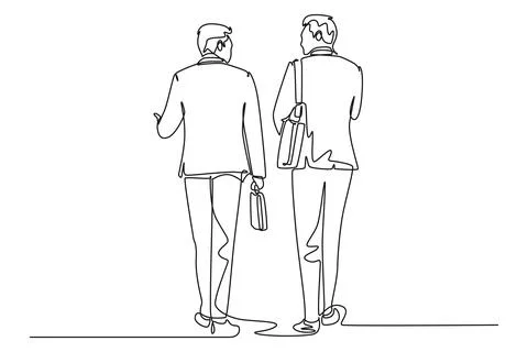 Continuous one line drawing back view two young male managers walking in hu.. Stock Illustration