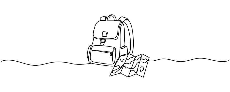 Continuous one line drawing a backpack and map travel concept. Enough suppl.. Stock Illustration