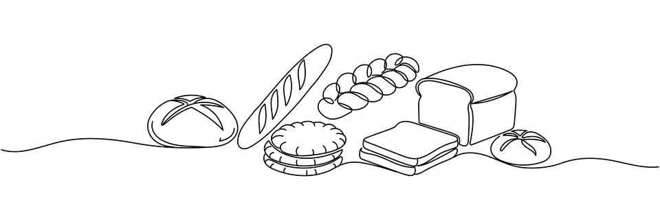 Continuous one line drawing of bakery products set with bread, baguette, an.. Stock Illustration