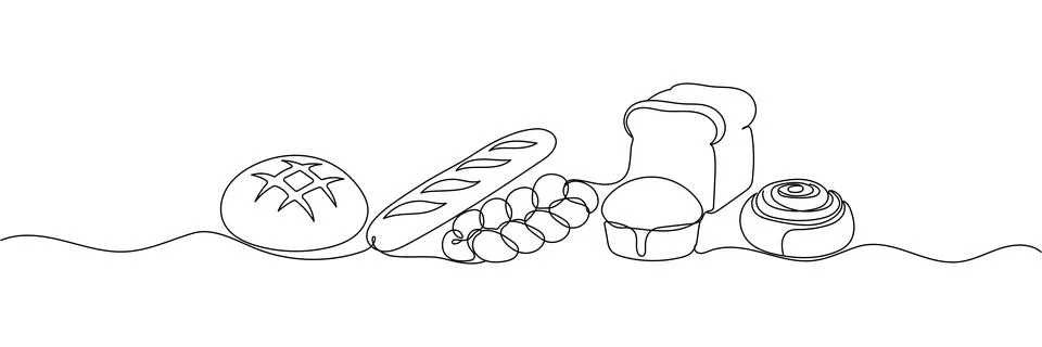 Continuous one line drawing of bakery products set with bread, baguette, an.. Stock Illustration