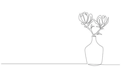 Continuous one line drawing of beautiful magnolia flowers in glass vase. Stylish Stock Illustration