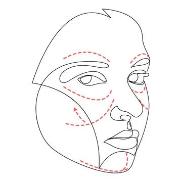 Continuous one line drawing of beautiful woman with marks drawn on her face.. Stock Illustration
