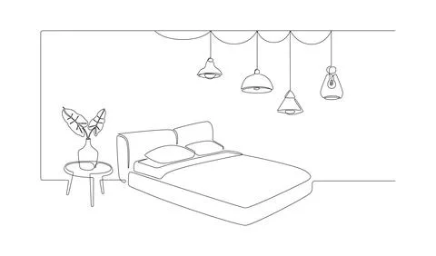 Continuous one line drawing of bed and table with vase with monstera leaf and Stock Illustration