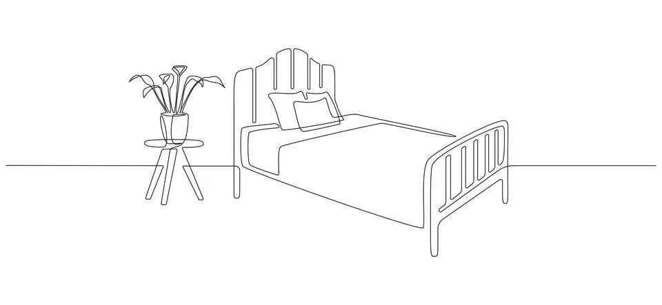 Continuous one line drawing of bed and table with potted plant. Scandinavian Stock Illustration