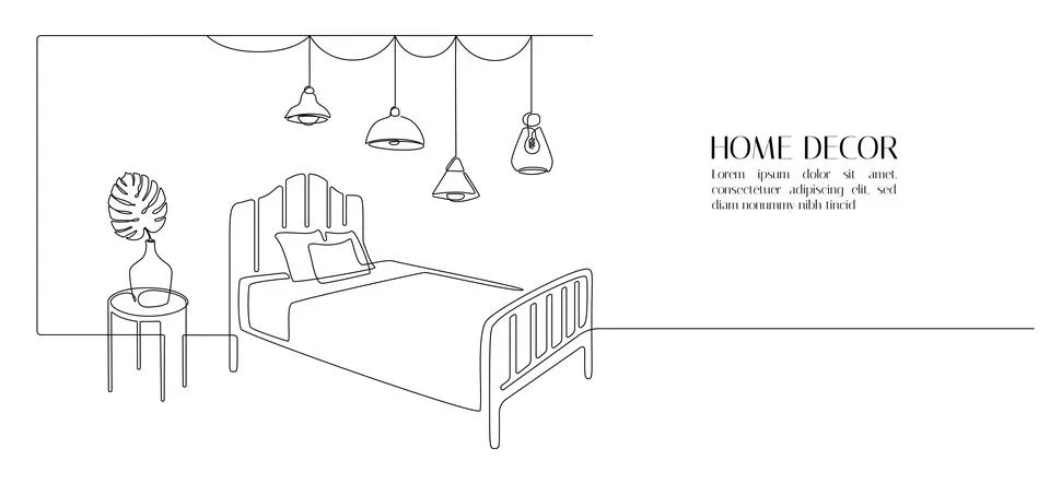 Continuous one line drawing of bed and table with plant and loft hanging lamps Stock Illustration