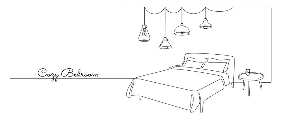 Continuous one line drawing of bed and table with cup coffee and loft hanging Stock Illustration