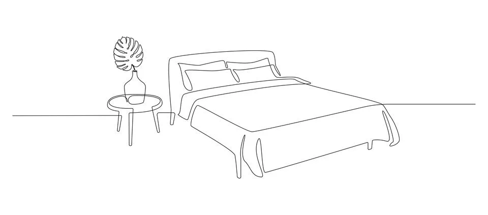 Continuous one line drawing of bed and table with vase and monstera leaf Stock Illustration