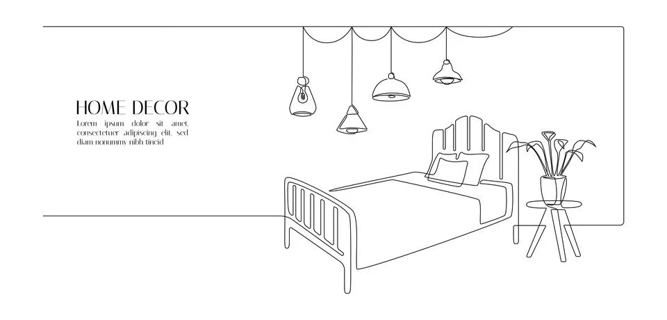 Continuous one line drawing of bed and table with plant and loft lamps Stock Illustration