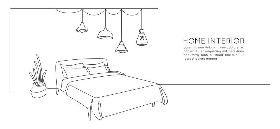 Continuous one line drawing of bed and table with plant and loft hanging lamps Stock Illustration