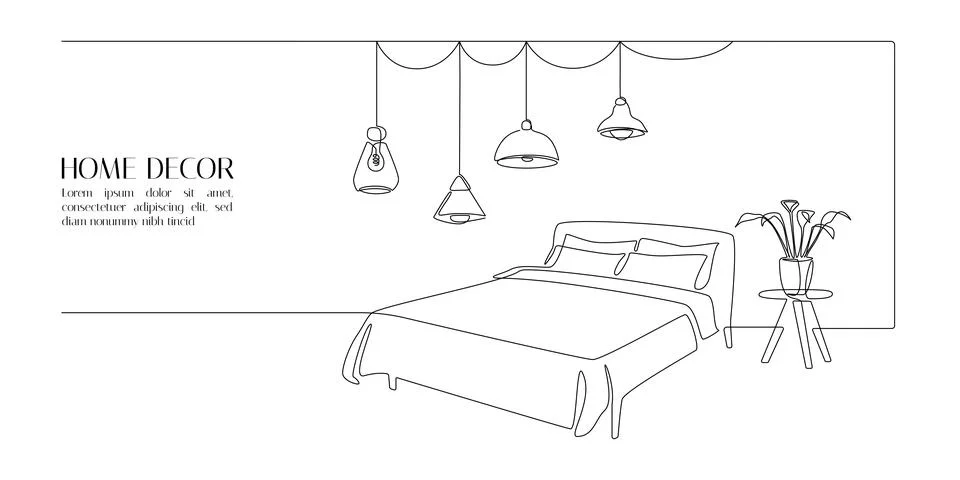 Continuous one line drawing of bed and table with plant and loft hanging lamps Stock Illustration