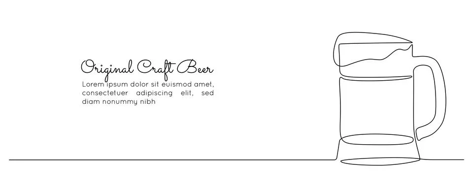 Continuous one line drawing of beer glass with foam. Craft drink alcohol ale in Stock Illustration