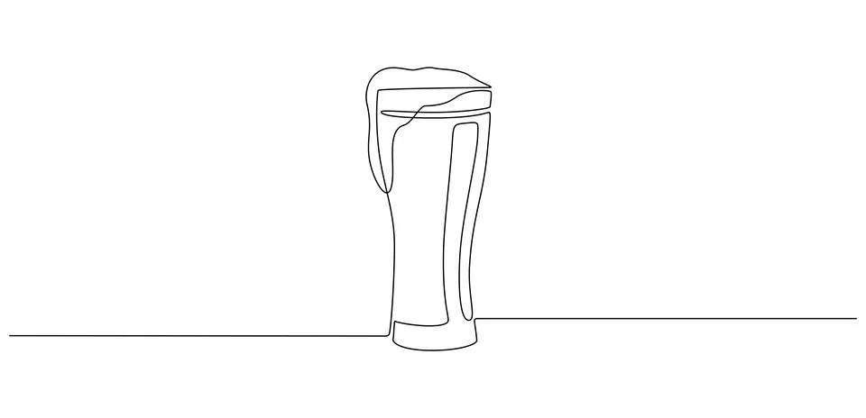 Continuous one line drawing of beer glass with foam. Craft drink alcohol ale in Stock Illustration