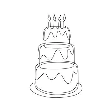 Continuous one line drawing of birthday cake with candles. Icon and symbol of Stock Illustration