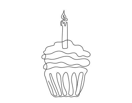Continuous one line drawing of birthday cupcake with a lit candle. Minimalist Stock Illustration