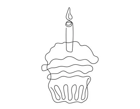Continuous one line drawing of birthday cupcake with a lit candle. Minimalist Illustrazione stock