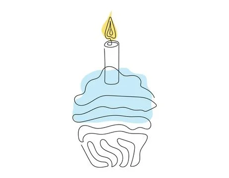 Continuous one line drawing of birthday cupcake with a lit candle. Minimalist Stock Illustration