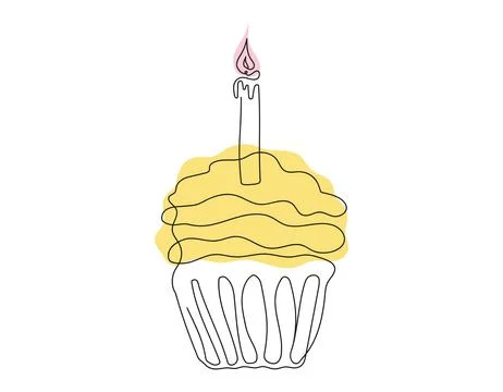 Continuous one line drawing of birthday cupcake with a single lit candle イラスト素材