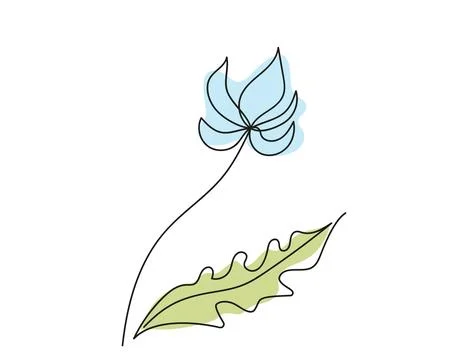 Continuous one line drawing of blue flower with green Leaf isolated on white  Stock Illustration