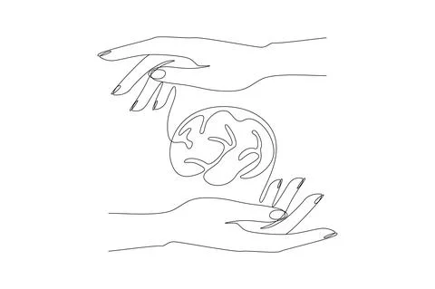 Continuous one line drawing of brain and human hands. Mental health care and Stock Illustration