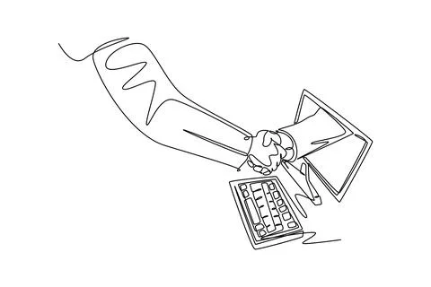 Continuous one line drawing business men shaking hand to deal a project. Ha.. Stock Illustration