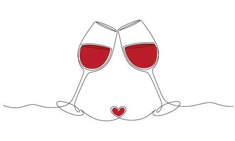 Continuous one line drawing of cheers two glasses with red wine. Romantic toast Stock Illustration