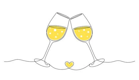 Continuous one line drawing of cheers two glasses with champagne. Romantic toast Stock Illustration