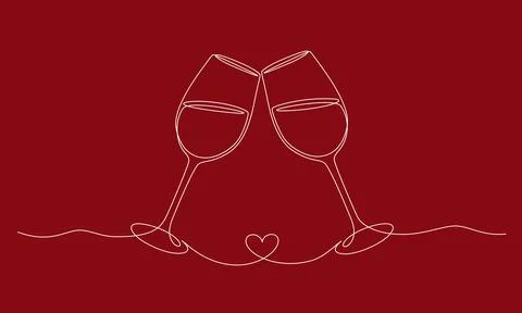Continuous one line drawing of cheers two glasses. Romantic toast concept with Stock Illustration
