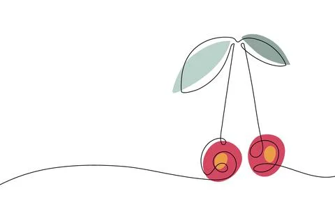 Continuous one line drawing cherry berries with leaves and seeds. Abstract hand Stock Illustration