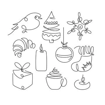 Continuous one line drawing Christmas design elements. Simple modern symbol by Stock Illustration