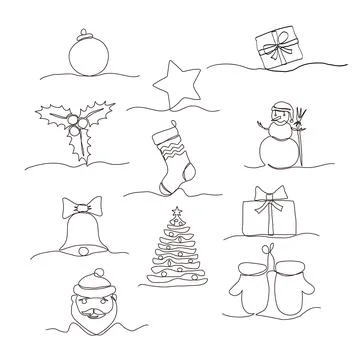Continuous one line drawing Christmas design elements. Illustrazione stock