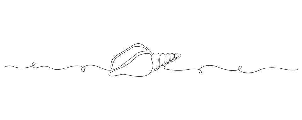 Continuous one line drawing of conch snail shell. Seashell symbol and banner of 스톡 일러스트