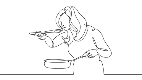 Continuous one line drawing cooking, food Stock Footage 143606020